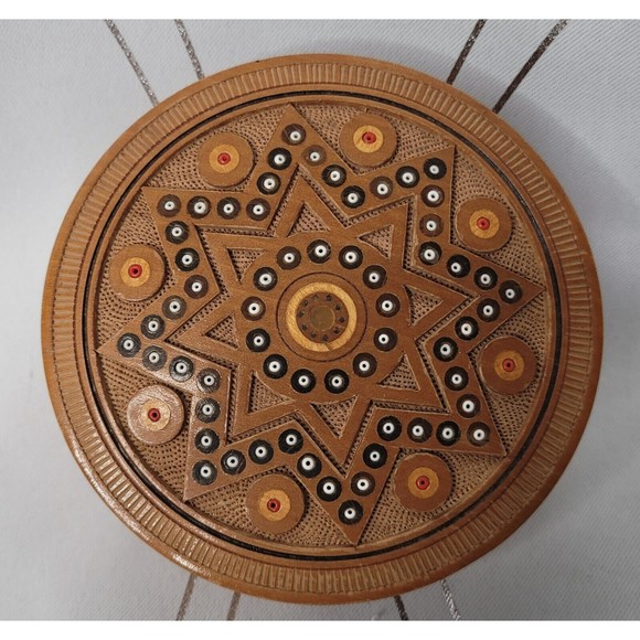 Decorative Handcrafted Carved Wooden Box w/ Inlaid Beads & Wood‎ Gorgeous! - Picture 1 of 10
